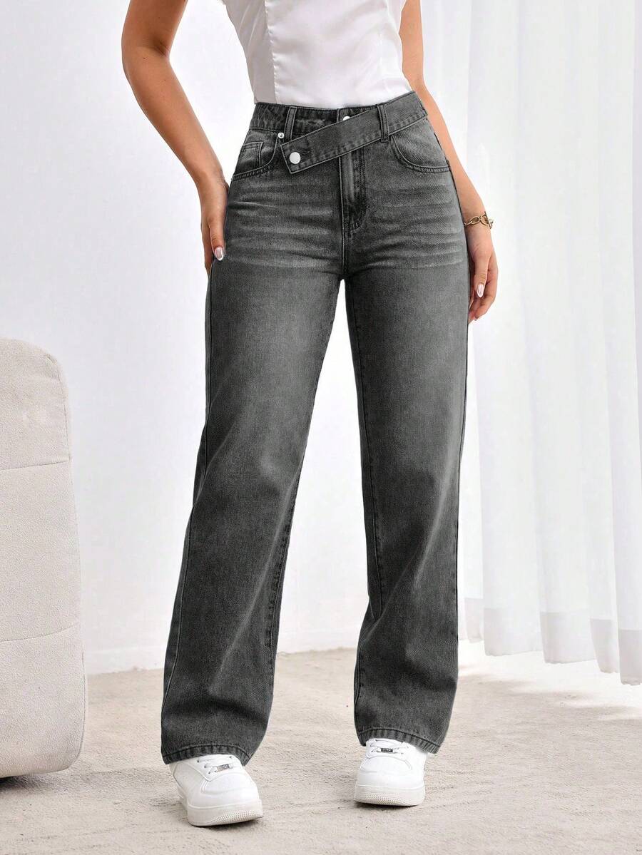 SHEIN Tall 女款休閒百搭直筒牛仔褲,附口袋,適合高個女性 - 灰色 - 查看 1