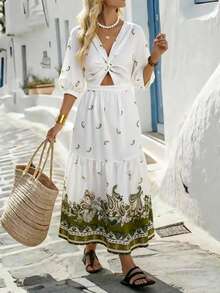 Breezaya Women's Casual Elegant Romantic 3/4 Sleeve Dress With Twist Cutout Floral Pattern, Suitable For Vacation And Daily Wear - White - View 7