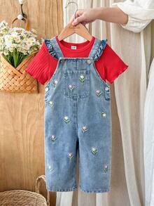SHEIN Vintaside Kids 两件套女婴套装，休闲可爱百搭，纯色短袖上衣搭配花卉刺绣牛仔背带裤，适合春夏日常穿着。 - 紅色 - 查看 3