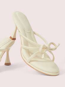 CUCCOO DOLLMOD Ladies Beige Solid Color Thin Belt Bow Elegant Round Toe Stiletto Slippers Summer Shoes - Beige - View 1