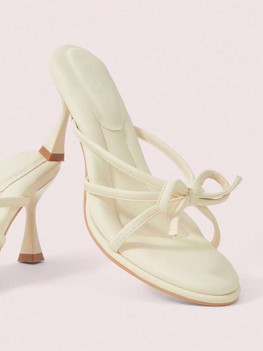 CUCCOO DOLLMOD Ladies Beige Solid Color Thin Belt Bow Elegant Round Toe Stiletto Slippers Summer Shoes - Beige - View 1