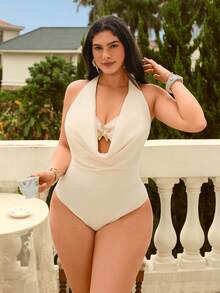 Swim Chiccia New Elegant Plus Size One-Piece Swimsuit, Draped Neck Design, Suitable For Summer Beach Vacation - White - View 6