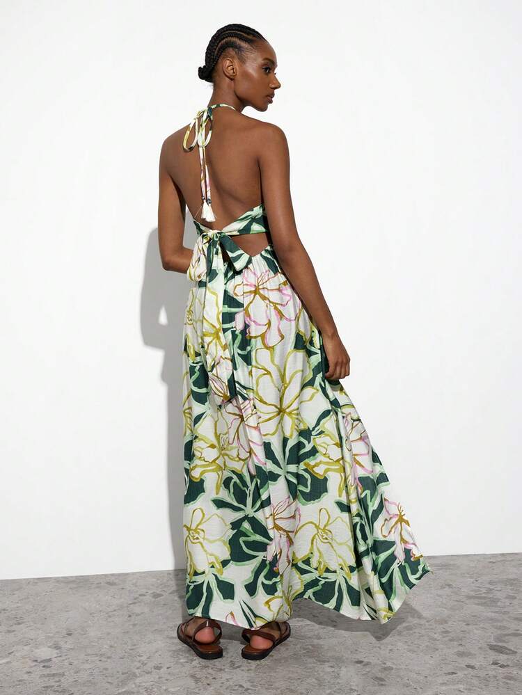 SHEIN Maija Women's Vacation Casual Floral Print High Slit Backless Halter Dress,Summer Dresses For Women