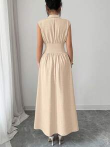 SHEIN Elenzya Vestido largo de línea A de unicolor con textura, con cuello y cintura ceñida, adecuado para ir al trabajo y salidas, para primavera/verano - Caqui - Ver 2