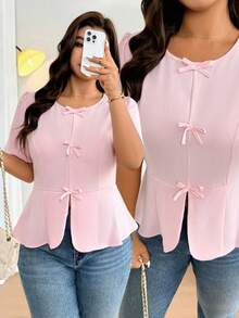 Easura Áo sơ mi tay ngắn cổ tròn cỡ lớn có nơ trang trí. - Hồng - Xem 3