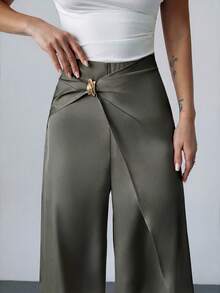 Firerie 女士优雅休闲都市通勤办公装，白色缎面中腰裹身裙裤，金属扣饰，宽松阔腿裤，教师装，机场装，新款春夏秋冬女士裤装，约会，度假，休闲，时尚百搭 - 灰色 - 查看 5