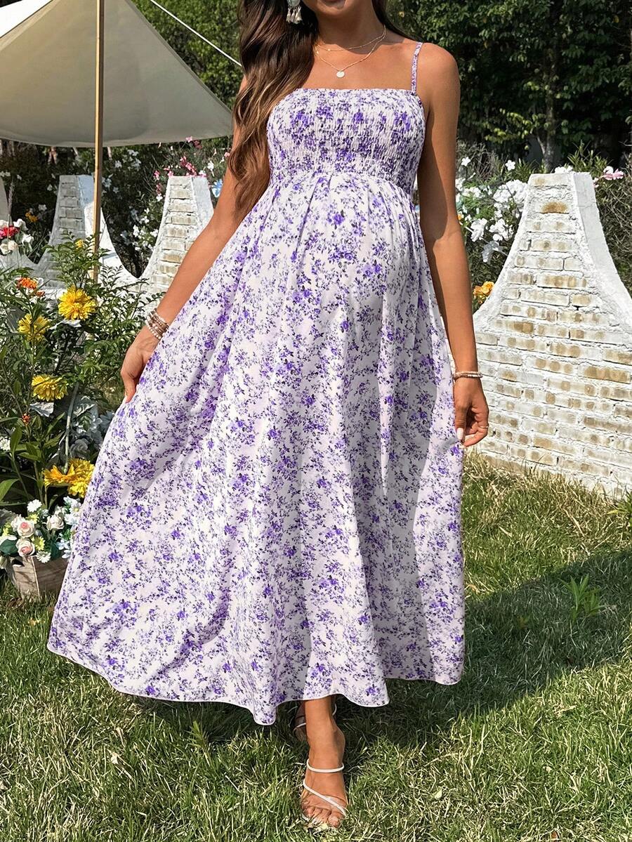 SHEIN 夏季孕妇休闲碎花无袖连衣裙 - 紫色 - 查看 1