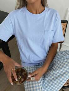 DAZY Minimalist Round Neck T-Shirt Top And Plaid Pants Home Wear Pajamas Set, Back To School Clothes - Baby Blue - View 1