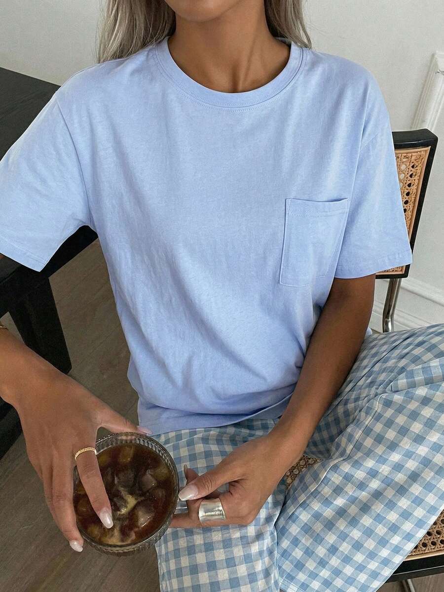 DAZY Minimalist Round Neck T-Shirt Top And Plaid Pants Home Wear Pajamas Set, Back To School Clothes - Baby Blue - View 1
