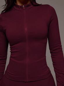 Musera Sport Zip Active BBL 夹克搭配喇叭褶皱臀部紧身裤套装 运动健身健身房普拉提日常休闲烟晶色 - 酒紅色 - 查看 6