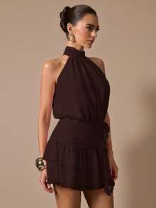 SHEIN BAE 无袖荷叶边下摆纯色迷你连衣裙，优雅甜美可爱修身款，适合浪漫约会、派对、正式聚会、伴娘礼服、夏季连衣裙、下午茶派对、新年、情人节、生日等场合，粉色连衣裙 - 咖啡棕 - 查看 5