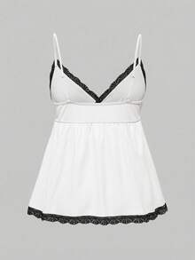ROMWE Ribbed Lace Trim Camisole & Shorts Casual Pajama Set - Black and White - View 6