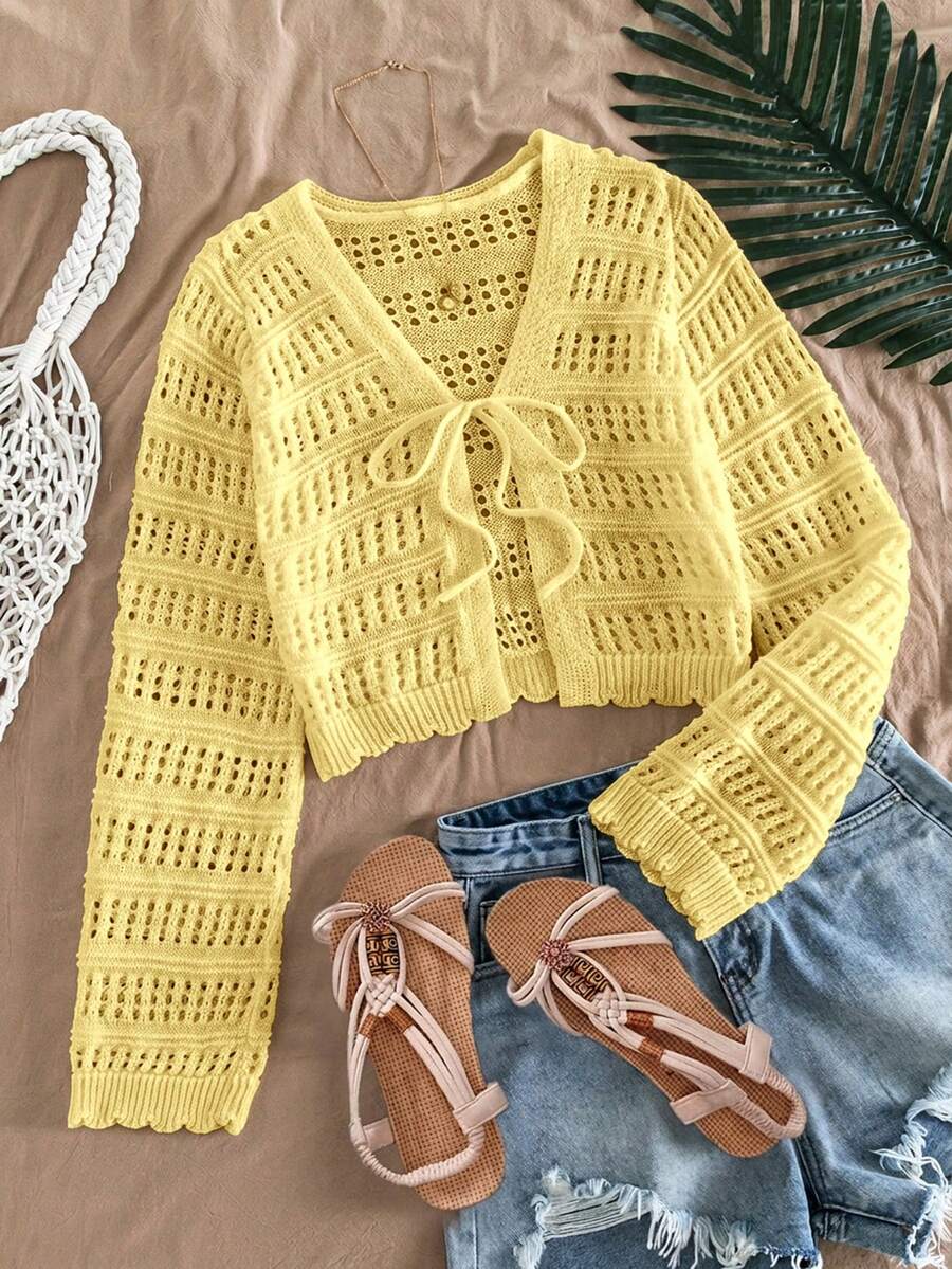 Travachic Cardigan Kasual Ringan Wanita Warna Polos dengan Ikatan di Depan, Serbaguna untuk Pemakaian Sehari-hari - Kuning muda - View 1
