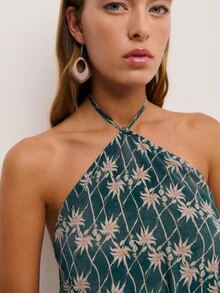 Nöista Top Pants Set In Floral Print Top With Halter Neckline Wedding Guest Look.Floral For Festival Summer Spring Outfit Festival Graduation Bridesmaid - Dark Green - View 6