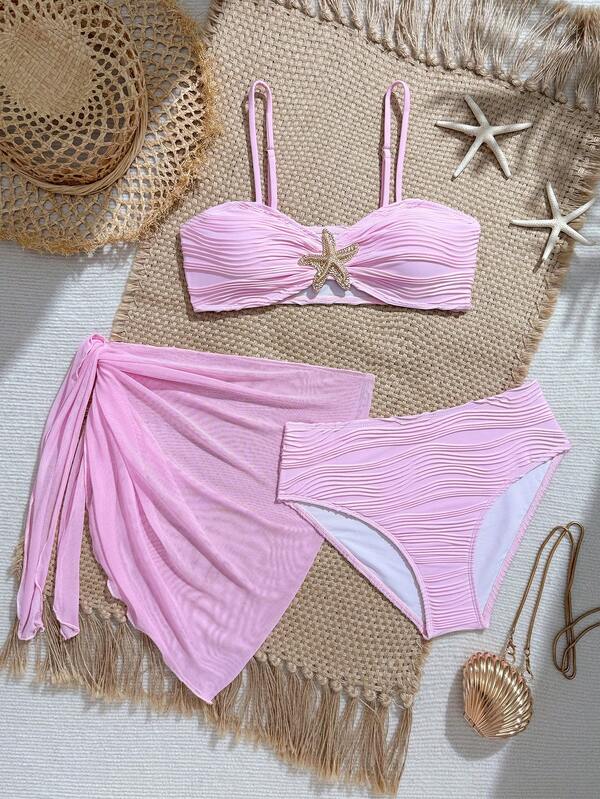 SHEIN Teen Girls 3 Pieces Swimwear Bandeau Starfish Decor Textured High Waist Bikini With Mesh Skirt,Summer Beach Vacation Holiday Hot Spring Bathing Suit