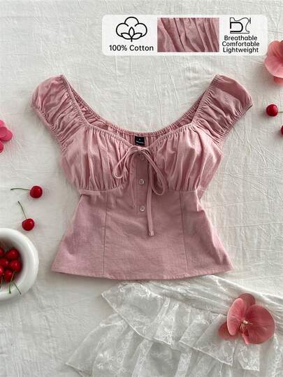 Elamini Áo kiểu nữ tay ngắn cổ chữ U, tay bồng, eo xếp ly, chất liệu cotton nguyên chất, thích hợp cho mùa hè.