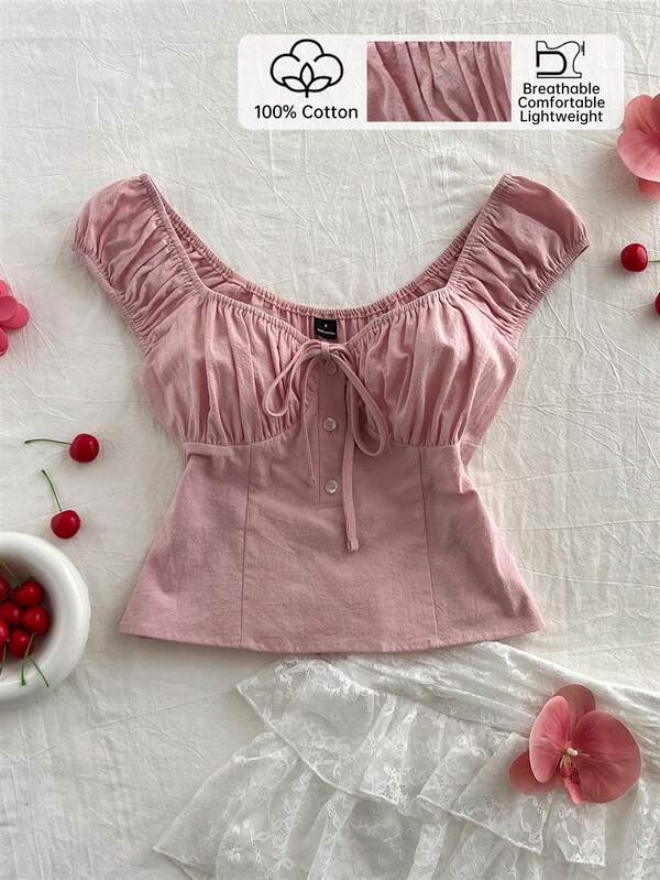 Elamini 女士甜美花瓣袖U领褶皱腰身纯棉短袖衬衫，夏季