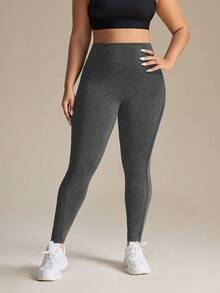 Rhythm Era Plus Size Solid Color Mesh Patchwork High Waist Yoga Pants With Pockets - Grey - View 3