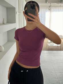 DAZY 女士夏季圆领插肩袖修身休闲短袖T恤 - 中紫紅色 - 查看 3