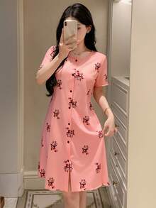 DAZY Cartoon Print Comfortable Knit Dress, Women's Summer Sleepwear - Pink - View 6