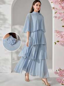 Veilorie Women's Solid Color Stand Collar 3D Floral Decor Multi-Tier Ruffle Hem Elegant Dress - Mint Blue - View 3