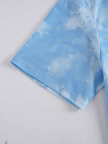 SHEIN X Care Bears 男士卡通熊扎染印花圆领短袖上衣和短裤睡衣套装 - 淺藍色 - 查看 5