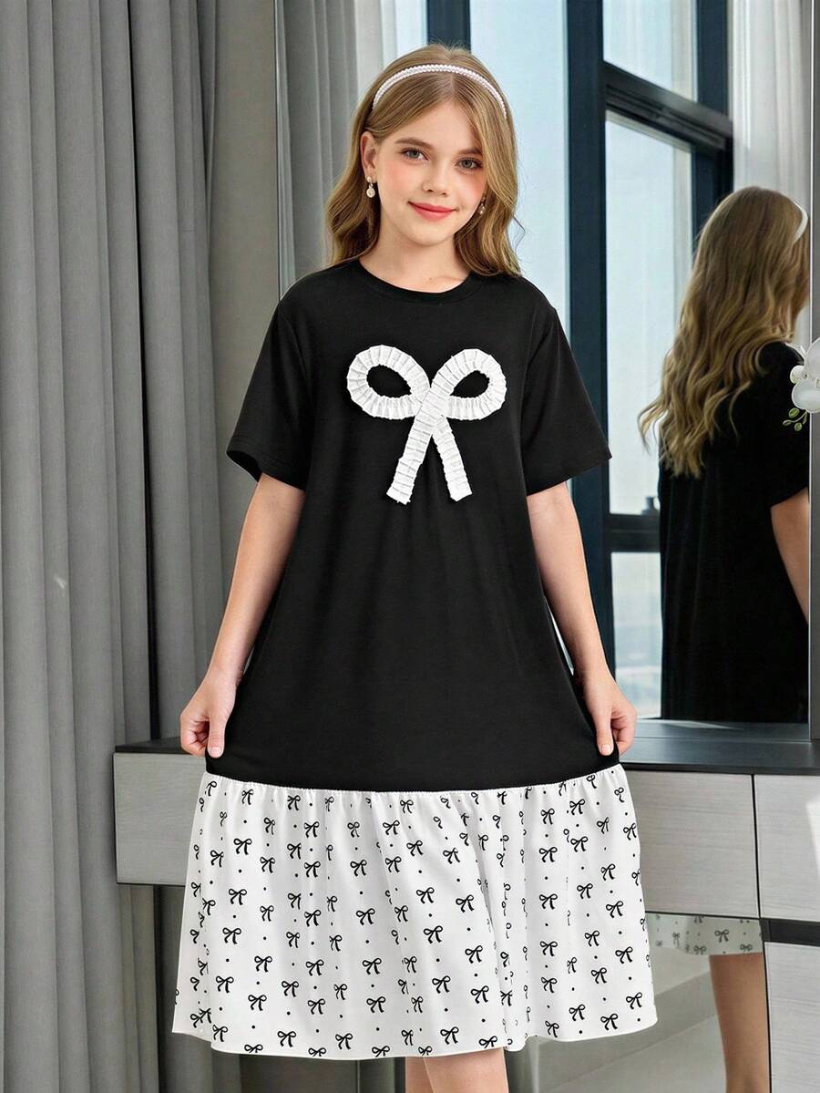 SHEIN Cute Black And White Summer Dress For Tween Girl,Back-To-School School Wear,Short-Sleeve Loose Fit With 3D Ruffled Bow And Mini Bow Print Ruffled Hem - Black - View 1