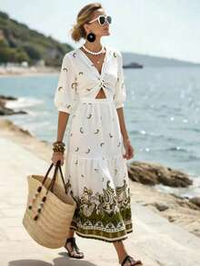 Breezaya Women's Casual Elegant Romantic 3/4 Sleeve Dress With Twist Cutout Floral Pattern, Suitable For Vacation And Daily Wear - White - View 1