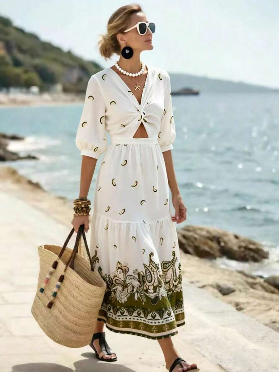 Breezaya Women's Casual Elegant Romantic 3/4 Sleeve Dress With Twist Cutout Floral Pattern, Suitable For Vacation And Daily Wear - White - View 1