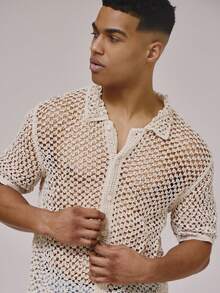 Musero Camicia a polo con bottoni e lavorazione a maglia traforata, a maniche corte, essenziale per la primavera/estate, ideale per vacanze e spiaggia - Albicocca - Visualizzare 2