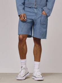 Musero 及膝细条纹不对称纽扣缝线细节牛仔短裤，前口袋细节设计，仅限下装，春夏必备单品 - 中等水洗藍 - 查看 3