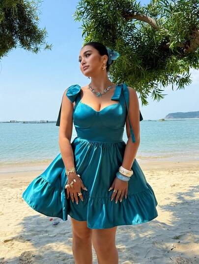 Sunnyshic French Retro Sexy Spaghetti Strap A-Line Mini Dress, Sleeveless Vacation Dress For Plus Size