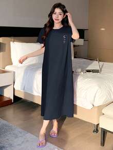 DAZY Printed Short Sleeve Comfortable Women House Dress Pajama - Navy Blue - View 4