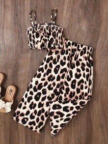 Young Girl Casual Vacation Spaghetti Strap Backless Bow Decor Leopard Print Tube Top & Woven Leopard Print Wide Leg Pants Set - Brown - View 6