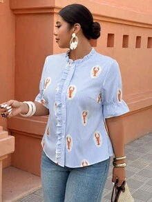 Breezaya Plus Size Women's Spring/Summer Striped Lobster Print Ruffle Collar Casual Vacation Shirt - Multicolor - View 5