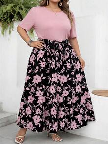 SHEIN CURVE+ 大码印花圆领系带优雅连衣裙 - 粉色 - 查看 4