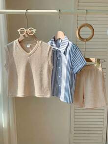 SHEIN 男童休闲校服三件套，包括背心、条纹衬衫和短裤，适合生日派对、晚宴、演出、婚礼、学校活动、洗礼、一周岁生日庆祝、迎婴派对等场合，春夏秋季皆宜。 - 彩色 - 查看 4