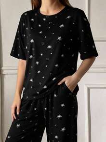DAZY Ditsy Floral Loose Fit Short Sleeve Top And Pants Pajama Set - Black - View 5