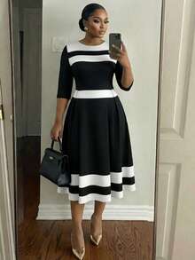 SHEIN Lady 大码女士条纹圆领七分袖优雅中长连衣裙 - 黑與白 - 查看 1