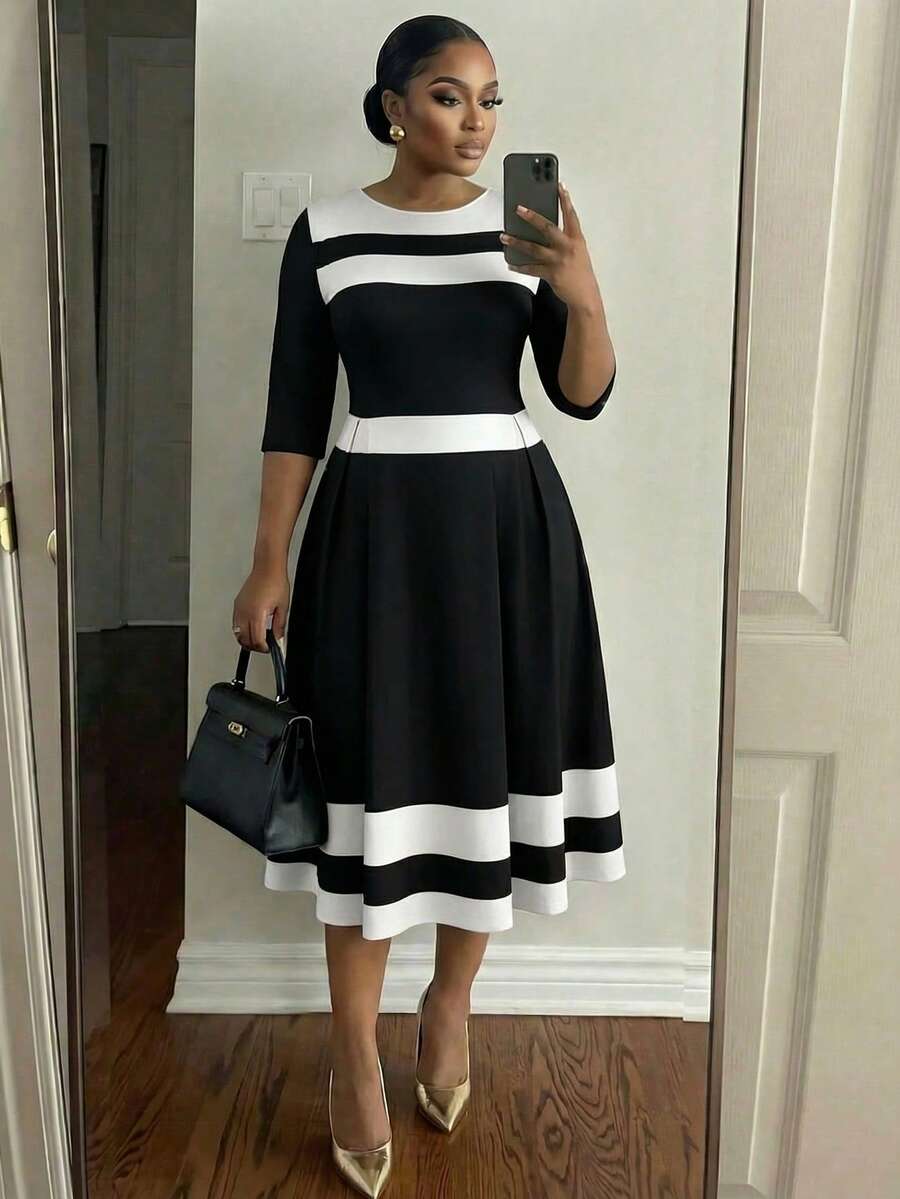 SHEIN Lady 大码女士条纹圆领七分袖优雅中长连衣裙 - 黑與白 - 查看 1