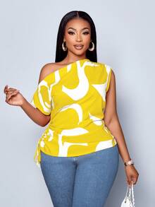 SOLERSUN Blusa asimétrica de hombro con cordón y fruncido lateral con estampado geométrico, talla grande para mujer, estampado aleatorio, blusa de un solo hombro - Amarillo - Ver 6