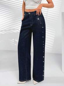 SHEIN High Waist Regular Fit Casual Streetwear Style Navy Blue Raw Wash Rhinestone Detailed Straight Jean Everyday Autumn Night Out - Black - View 5