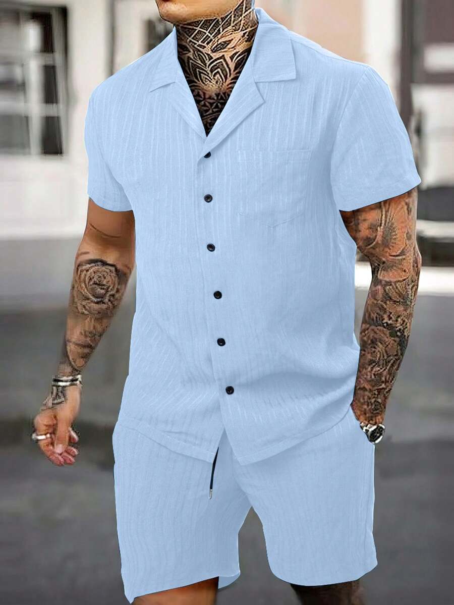 Manfinity Homme Nam Chất rắn Nút Lên Áo sơ mi & Eo dây rút Quần short - Màu xanh lam - Xem 1