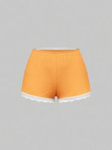 ROMWE Conjunto de pijama casual de camiseta de tirantes con encaje acanalado y pantalones cortos - Naranja - Ver 8
