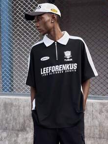 EVRINFINITE Men's Summer Zipper Half Placket Short Sleeve Casual & Commuting Polo Shirt With Letter Print - Black - View 9