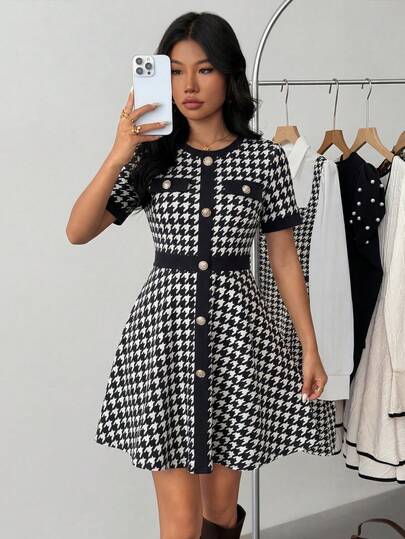 Teen Girl Casual Chic Retro Collegiate Elegant Fitted Black & White Houndstooth Patchwork Knit Stretchy Waist Ruffle Hem Metal Button Short Sleeve Dress, Back To School, French Elegant Dress