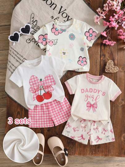 SHEIN Playful Pals 3pcs Baby Girls' Cute Floral Print Short Sleeve Top And Shorts Set, Summer