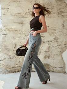 MOTF PREMIUM JEANS DE MEZCLILLA CASUALES/PARA CITAS CON BORDADO DE MARIPOSA PARA MUJER, PRIMAVERA/VERANO - Azul - Ver 1