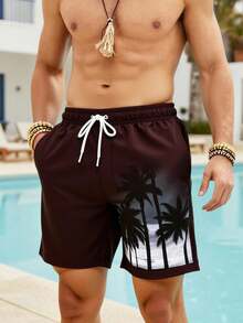 Manfinity Swimmode Men's Drawstring Waist Coconut Tree Print Casual Beach Shorts Holiday / Vacation / Beach / Hawaii / Tropical / Swim /  Bathing - Coffee Brown - View 8