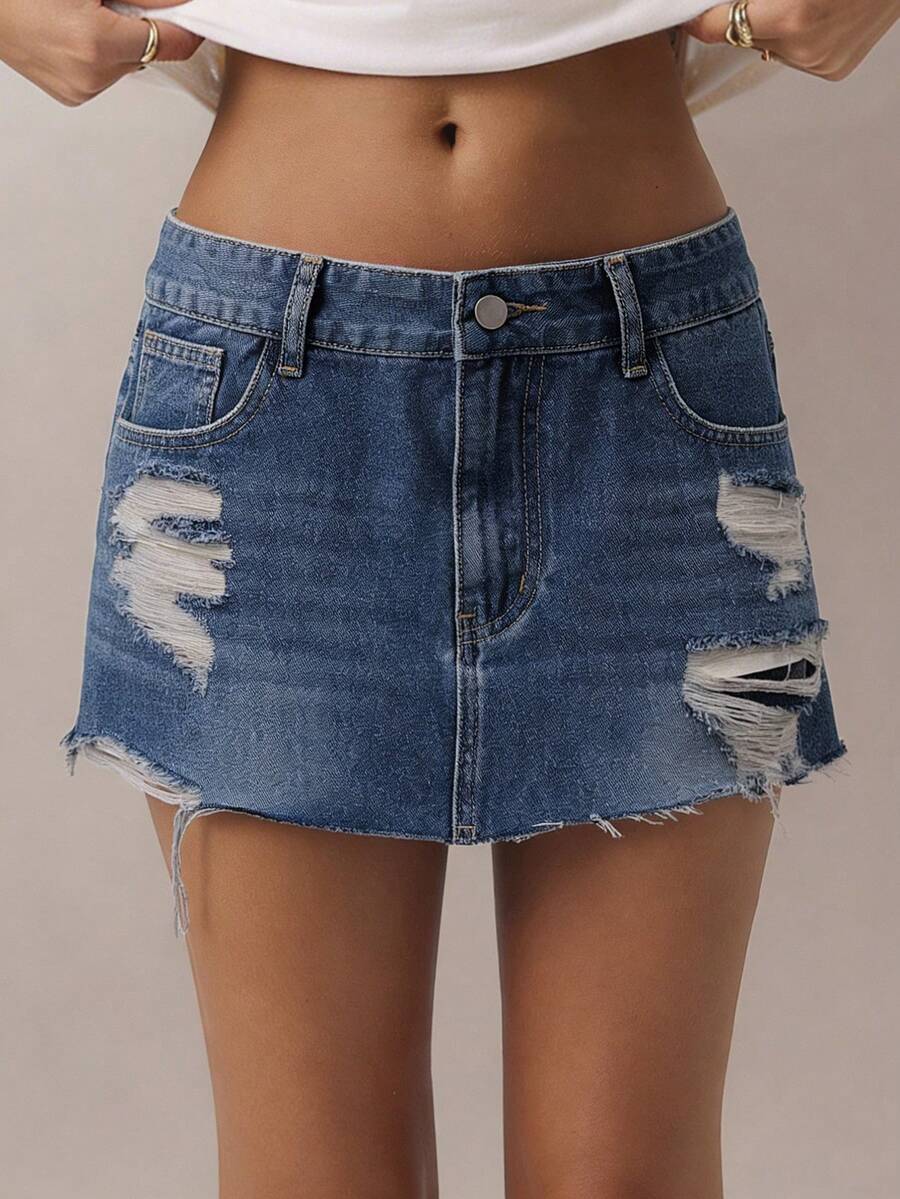 Siren Gaze Chân váy denim ngắn nữ kiểu dáng thường ngày đa năng, có túi và cúc, thiết kế rách nhẹ. - Rửa nhẹ - Xem 1
